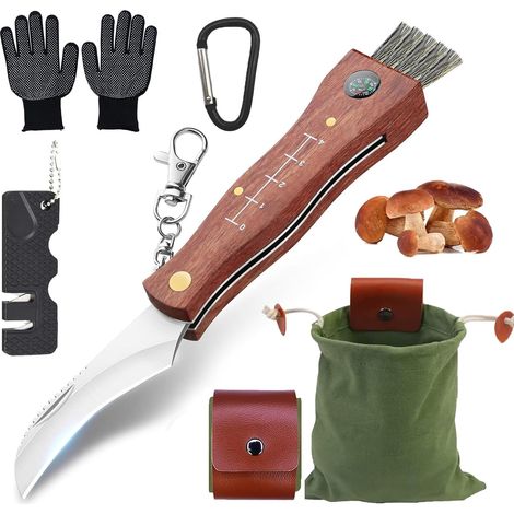 Mushroom Knife with Brush, Portable Mushroom Pickers Set, Outdoor Stainless Steel Folding Knife with Gloves, Mushroom Bag, Case, Sharpening Stone (1/5)