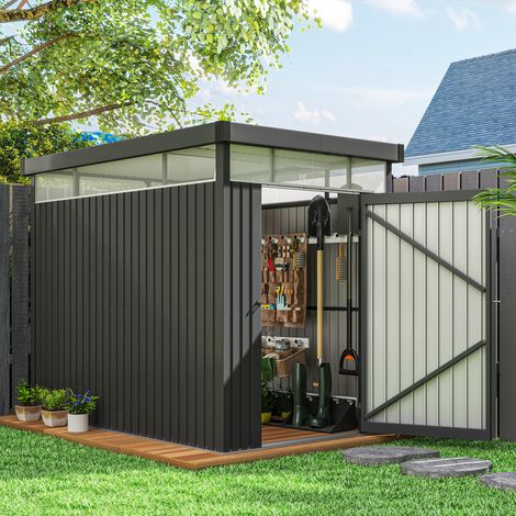 4 m² großer, verzinkter Stahl-Gartenschuppen mit Entwässerungslöchern und transparenten Acrylglasfenstern, Geräteschuppen mit Dach, abschließbare Türen mit Schlüsseln und Handschuhen, dunkelgrau
