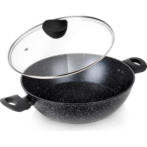 Sartén honda de granito con tapa de cristal, 28 cm, 3,5 L