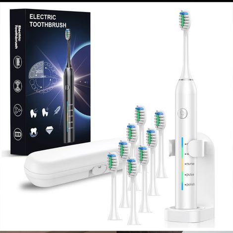 Brosse à dent électrique doux à ultrasons avec 5 modes de nettoyage 8 brossettes avec support et étui de voyage Blanc (1/5)