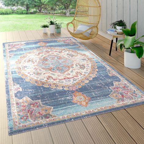 Paco Home Tappeto Per Esterno Terrazzo Balcone Tappeto Cucina Motivo Persiano Bordura Blu 60x100 cm