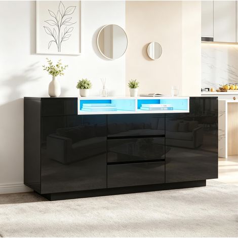 Buffet de salon 140x40x68 cm avec LED, 2 portes, 3 tiroirs et rangements semi-ouverts, noir brillant (1/5)