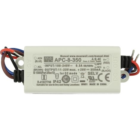 Led Driver CC MW MEAN WELL APC-8-350 Trasformatore 350mA 11V-23V DC 8W Corrente Costante IP42