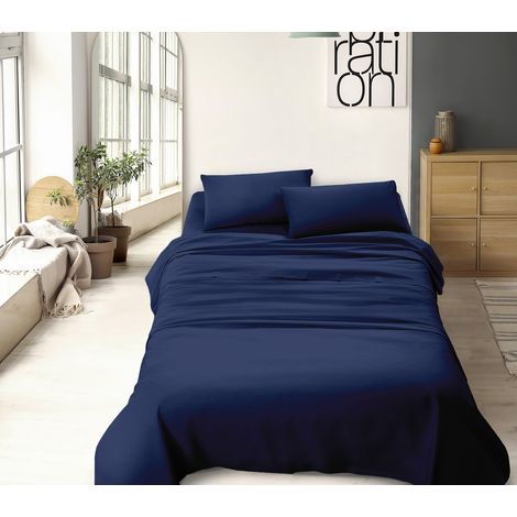Set Lenzuola 100% Cotone Di Flanella Completo Letto Made In Italy Anti-Pilling Tinta Unita Lenzuolo Sopra Sotto Federe Blu Scuro - Francese