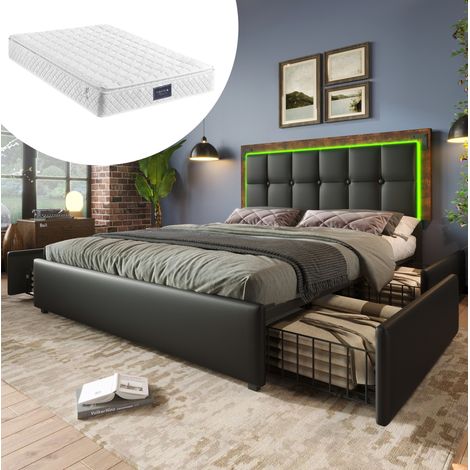 Lit double en PU noir 160x200 cm avec LED, 4 tiroirs, tête de lit réglable et matelas inclus (1/5)