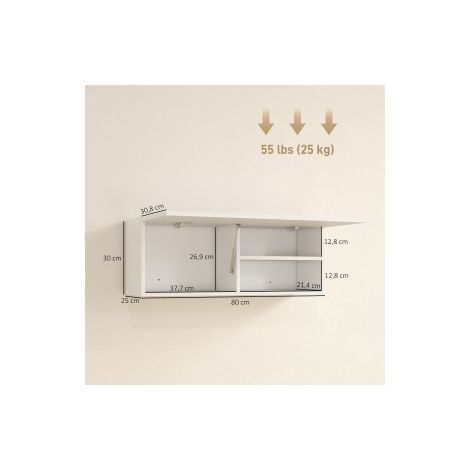 Meuble mural de salle de bains blanc 80 x 25 x 30 cm avec porte relevable à vérin et étagère intérieure pour salle de bains et WC (1/5)