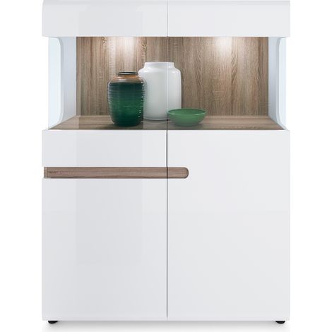 Ess-/Wohnzimmer Highboard mit Beleuchtung in weiß Hochglanz mit Trüffel Eiche Nb. LEGNICA-129, B/H/T ca. 109,5/143,5/42 cm (1/4)