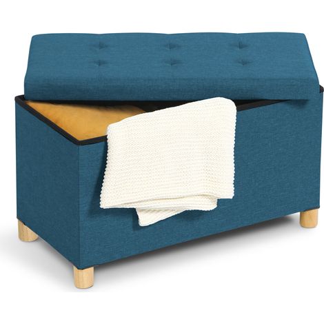Idmarket – Banc d'entrée coffre rangement sur pieds 76 cm – Tissu bleu canard – Dimensions : 76 x 38 x 43 cm – Structure en MDF – Assise rembourrée