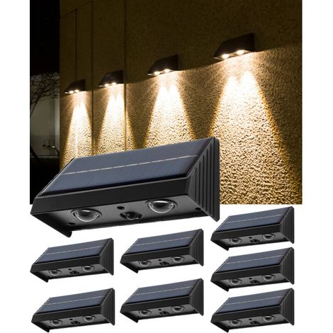 Lot de 8 appliques murales solaires, lumières de clôture extérieures lumineuses de 50 lumens, lumières de décoration de terrasse étanches