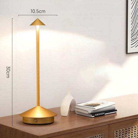Lampada da tavolo a LED in alluminio, dimmer tricolore, interruttore touch, ricaricabile, ideale per camera da letto e bar, colore oro. (1/3)
