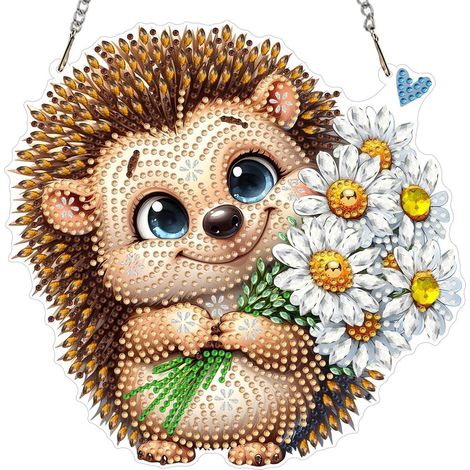 Pendentif peinture diamant hérisson avec fleurs, double face, 20x20cm