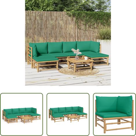 Bambusmöbel -  7-tlg. Garten-Lounge-Set mit Grünen Kissen Bambus (1/5)