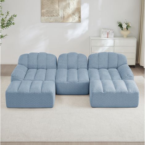 Divano modulare a U 3 posti con 2 pouf, schiuma 32D, tessuto blu, REDOM (1/5)