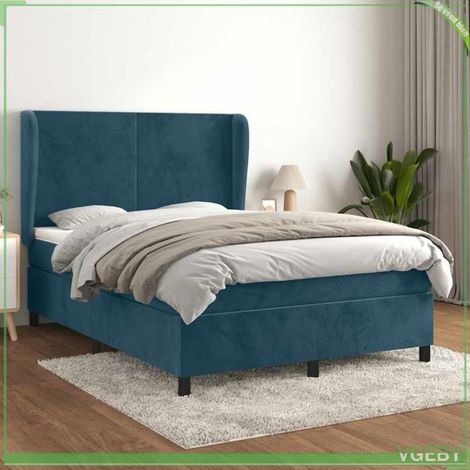 Lit 2 places - 7291712409691 - Velours bleu foncé - 140x200 cm - Sommier à lattes (1/5)