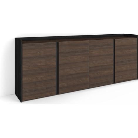 Skraut Home - Credenza, Mobile, Cucina, Madia, mobile ingresso, 207x35x80cm, 4 Porte, grande stoccaggio, Stile moderno, Rovere scuro e Nero (1/5)