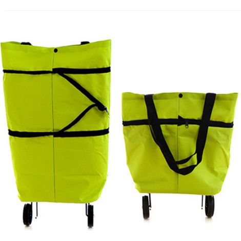 Chariot de courses pliable 2 en 1, sac de courses portable et pliable avec roulettes, léger et roulant (vert) (1/5)