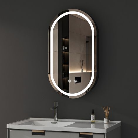 Oval Spiegelschrank mit Beleuchtung 40x70cm Aluminium LED Spiegelschrank Bad mit Beleuchtung Badezimmerschrank, Badschrank Hängeschränke Spiegel Kabinett mit 3-Farben Dimmbar, Beschlagfrei, Schwarz (1/5)