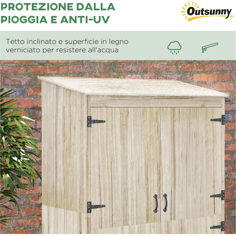 Casetta da giardino in legno di faggio con 2 porte, ripostiglio per attrezzi con ripiani e tetto spiovente, 120x57x183 cm, colore naturale.