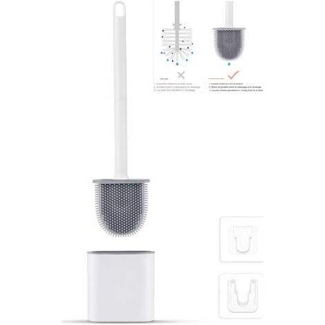 Brosse WC Silicone Plate- Brosse Toilette et Supports, Anti-goutte, Antibactérienne, Balayette WC Ventilée, Séchage Rapide sans Odeur, Balai WC Montage Mural/au Sol, Salle de Bain et WC Blanc (1/5)