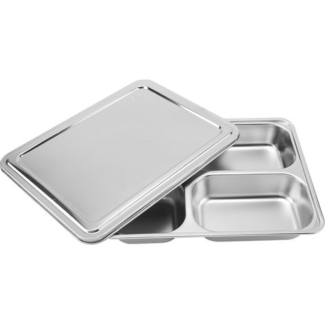 Plateau de service alimentaire en acier inoxydable, boîte à lunch de cantine avec couvercle (4 compartiments) (1/5)
