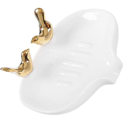 Porte-savon en céramique avec statue d'oiseau, plateau à savon autonettoyant pour salle de bain et cuisine, utilisable sous la douche
