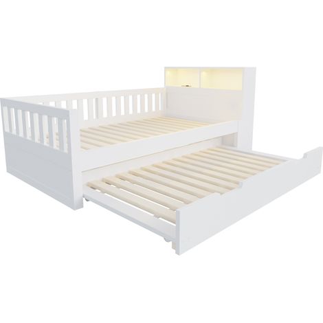 Cama multifuncional 90 x 200 cm con cama nido, almacenaje, enchufe y LED, blanca (1/5)