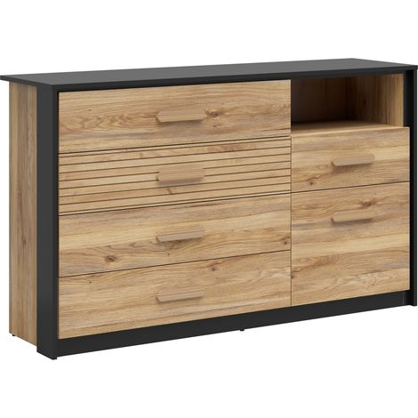 Commode 5 tiroirs 1 porte meuble de rangement coloris Chêne mauvella/chêne Tegola - Longueur 150 x Profondeur 41 x Hauteur 89.4 cm (1/4)