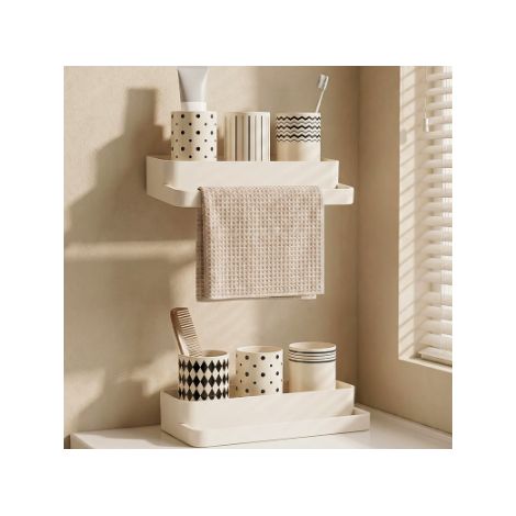 lot de 2 porte serviettes double barre couleur blanc crème sans perçage étagère murale multifonction avec égouttage pour salle de bain (1/5)