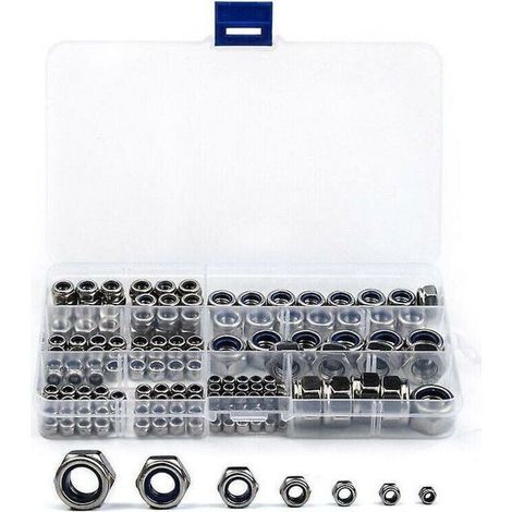 Écrous hexagonaux en acier inoxydable 304 – Lot de 170 pièces (M3 à M12), freins intégrés, finition argentée (1/4)