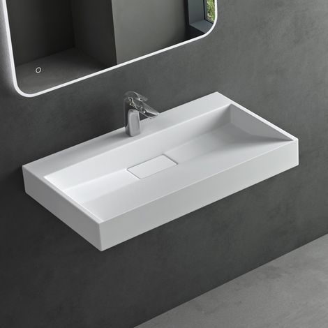 Mai & Mai Lavabo da Appoggio 80x46x11cm, Lavabo Bagno Sospeso Lavandino Bagno con Piletta di Scarico e Un Foro per Rubinetteria, Lavabo da Minerale Fuso Bianco Opaco, Colossum19 (1/5)