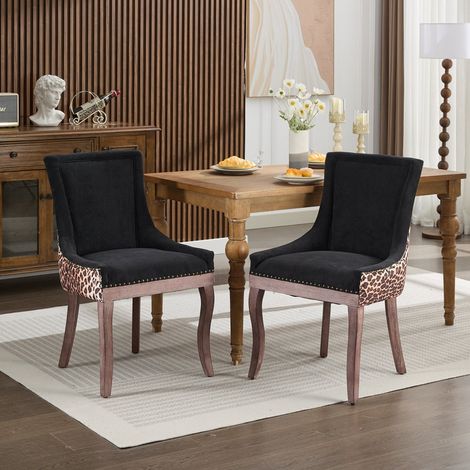 Chaise de salle à manger latérale Ultra, assise en tissu épais, pieds en bois massif, clous décoratifs en bronze, lot de 2, Léopard