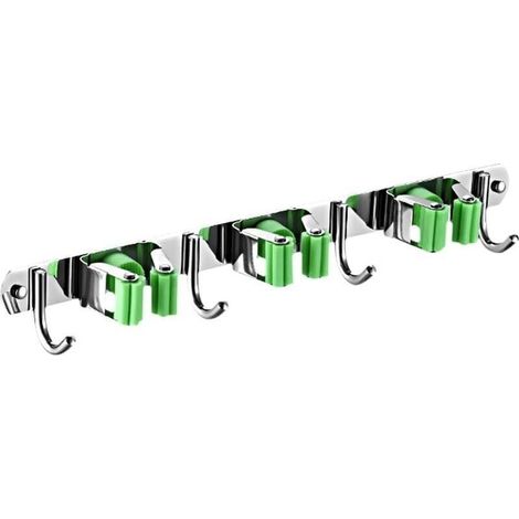 Porte balais mural support balai porte balais mural inoxydable mop support avec 3 clips et 4 crochets pour cuisine jardin balcon garage (1/5)
