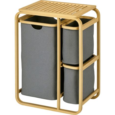 Panier à linge en bambou avec 3 paniers de rangement, 49 L x 33 P x 70 H cm, gris (1/5)