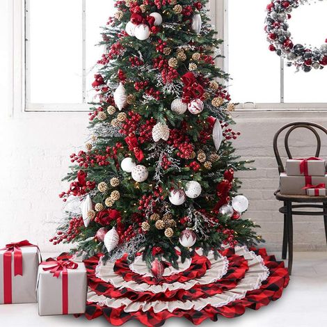 Jupe de sapin de Noël, jupe de sapin en forme de gâteau de Noël, décoration de base de sapin de Noël, jupe de sapin en dentelle à carreaux noirs et rouges, ornement (1/4)