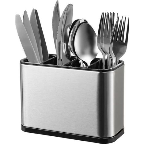 HONORNIC - Support à ustensiles de cuisine, égouttoir à vaisselle en acier inoxydable, organisateur de comptoir avec 4 compartiments divisés, (1/5)