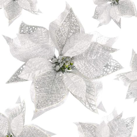 12 Pièces Artificielles Fleurs de Noël Poinsettia Glitter Ornement Fleurs Etincelantes de Noël Paillettes Fleurs (Argenté) (1/5)