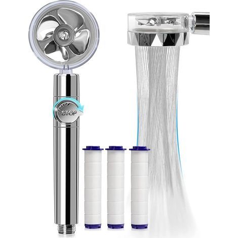 High-pressure water-saving shower, 360-degree rotating propeller hand shower with filter, Turbo Spa shower head with fan and switch (silver) (1/5)