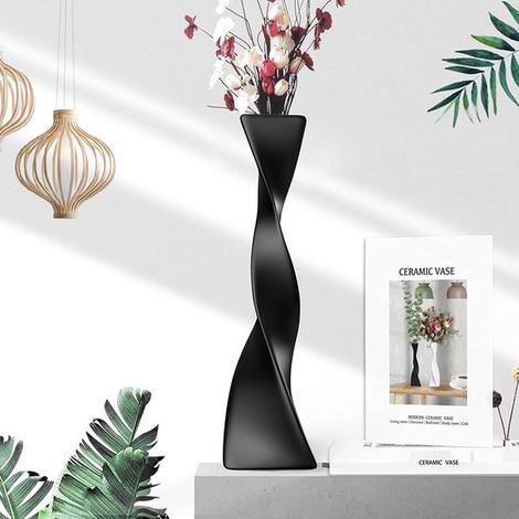 Grand vase en céramique Elkuaie. Vase noir torsadé au design moderne, idéal pour la décoration florale. Céramique noire. 1 pièce. Parfait pour la décoration du salon. (1/5)