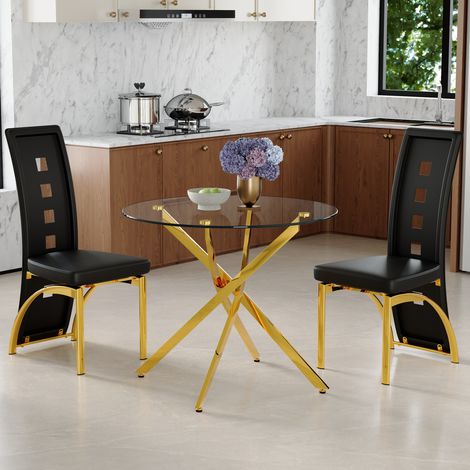 Esstisch Set rund 88 cm mit 2 Stühlen Glas Metall OKMYHOME (1/5)