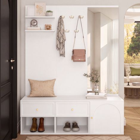 Flurmöbel mit Spiegel, 5 Haken, 2 Schubladen und Schuhschrank, Weiß, 120 x 35 x 159 cm, OKWISH (1/5)