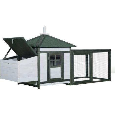 Poulailler cottage bois massif pin vert blanc avec perchoir rampe pondoir enclos tiroir à déjection 196L x 76l x 97H cm (1/5)