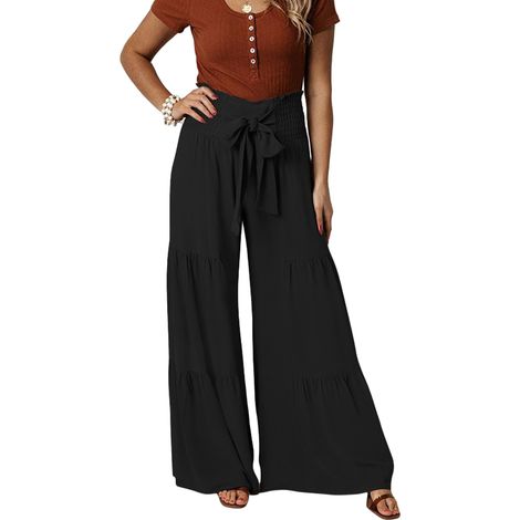 Pantalon Large - Taille Haute - Ceinture Élastique - Pour Yoga Et Loisirs - Noir - Taille M (1/5)