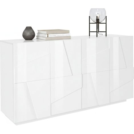 Dmora Aparador moderno con 4 puertas, Made in Italy, Aparador de cocina, Buffet de diseño de sala de estar, 162x44h86 cm, color blanco brillante, con embalaje reforzado