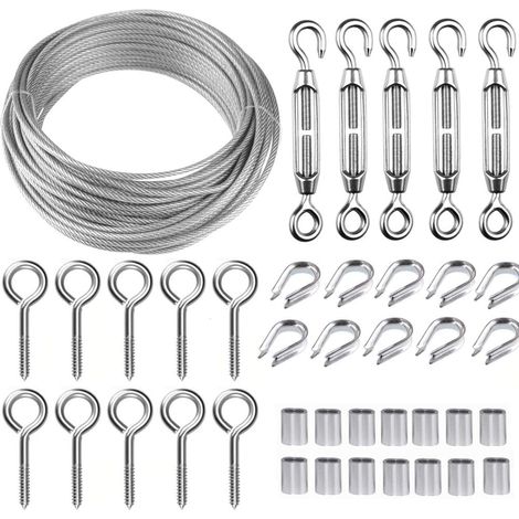Edelstahlseil-Aufhängeset, 30 m/2 mm beschichtetes Edelstahlseil mit M5-Spannvorrichtung, 2 mm Drahtseil-Set für Kletterpflanzen, Wäscheleinen, Geländer, Geländerdraht
