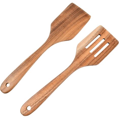2 Pièces Spatule en Bois de Cuisine, Ustensiles de Cuisine en Bois de Teck Résistant à la Chaleur, Spatule Anti-Rayures pour Poêles Antiadhésives, Sans BPA et Durable