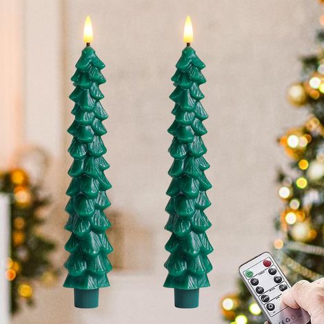 Bougies coniques sans flamme en cire véritable, motif arbre vert, avec minuterie à distance, alimentées par piles, mèche LED 3D scintillante, branches, 2 cm x 24 cm, lot de 2, pour la décoration de la (1/5)
