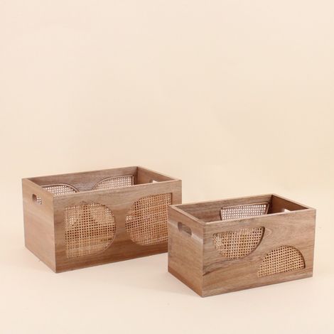 Set de 2 caisses en bois détails rotin