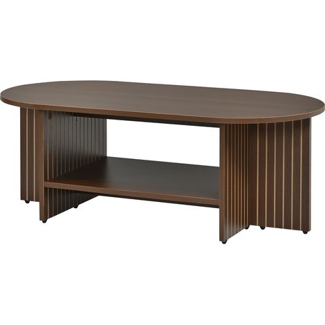 Table basse ovale en MDF effet noyer, 100 x 49 x 35 cm, avec étagère inférieure, côtés rainurés et bords arrondis pour salon (1/5)