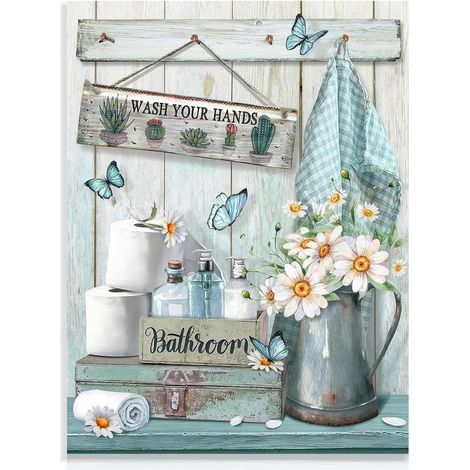Décoration Murale de Salle de Bain Farmhouse, Tableau Rustique Fleur et Papillon Sarcelle, Panneau Lave-toi les Mains pour Salle de Bain 30x40 cm Sans Cadre (1/5)