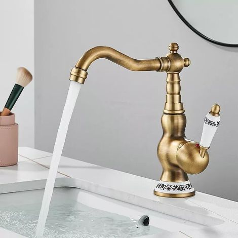 Rétro Robinet Salle De Bain doré laiton avec Bec Pivotant à 360° Mitigeur Robinets Mitigeur Lavabo levier unique Salle de Bains, Mélangeur de Tuyaux Chauds et Froids, Laiton Massif (1/5)